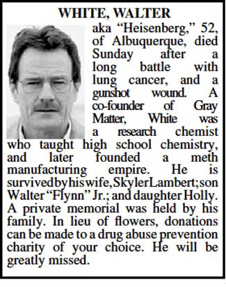‘Breaking Bad’s’ Walter White Gets Obituary in Albuquerque Newspaper