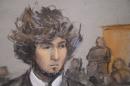 Boston Marathon bombing suspect Dzhokhar Tsarnaev is shown in a courtroom sketch during a pre-trial hearing at the federal courthouse in Boston