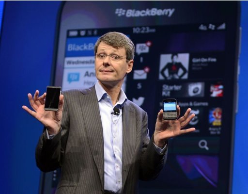 BlackBerry CEO and President Thorsten Heins unveils the BlackBerry 10 mobile platform in New York on January 30, 2013