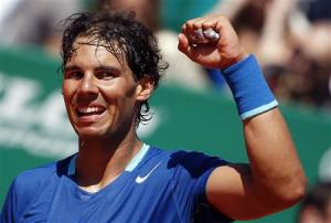 Rafael Nadal of Spain reacts after defeating Andreas Seppi of Italy during the Monte Carlo Masters in Monaco