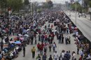 Hundreds of striking teachers block the main access to the Benito Juarez international airport in Mexico City