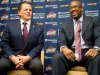 Cleveland Cavaliers owner Dan Gilbert, left, talks with new head coach Mike Brown during a press conference at the team's headquarters introducing Brown on Wednesday, April 24, 2013, in Independence, Ohio. (AP Photo/Jason Miller)