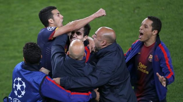 Barcelona's forward Pedro Rodriguez celebrates their equalizer goal with teammates during the UEFA Champions League quarter final second-leg football match FC Barcelona vs Paris Saint-Germain at Camp Nou stadium in Barcelona on April 10, 2013 (AFP)