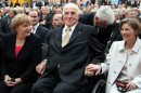 German Chancellor Angela Merkel, former German Chancellor Helmut Kohl and his wife Maike Richter-Kohl, from left, talk before a ceremony marking the 30th anniversary of Kohl becoming West Germany's leader in Berlin, Thursday, Sept. 27, 2012. (AP Photo/Wolfgang Kumm, pool)