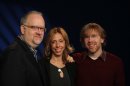 In this Monday,March 11, 2013, photo, from left, playwright Doug Wright, lyricist Amanda Green and Phish founder Trey Anastasio pose for a portrait in New York. The trio have teamed up to create the new Broadway musical "Hands on a Hardbody." (AP Photo/John Carucci)