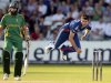 England's Anderson bowls as South Africa's Amla looks on during the fifth one-day international cricket match at Trent Bridge cricket ground in Nottingham
