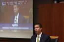 Federal Communications Commission commissioner Ajit Pai speaks at a FCC Net Neutrality hearing in Washington