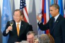 US President Barack Obama toasts with UN Secretary General Ban Ki-Moon at the UN General Assembly in New York on September 24, 2013
