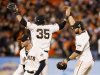 San Francisco Giants' Pagan celebrates with teammates Crawford and Pence after the Giants defeated the Detroit Tigers in Game 2 of the MLB World Series baseball championship in San Francisco