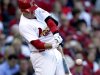 St. Louis Cardinals' Allen Craig hits a solo home run during the third inning in Game 2 of baseball's National League division series against the Washington Nationals, Monday, Oct. 8, 2012, in St. Louis.  (AP Photo/Tom Gannam)