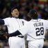 Detroit Tigers' Miguel Cabrera, left, and Prince Fielder (28) celebrate their 5-4 win over the Kansas City Royals in a baseball game in Detroit, Wednesday, Sept. 26, 2012. (AP Photo/Paul Sancya)
