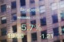 The falling price of Facebook's stock is seen on a screen reflected in the window of the Nasdaq building in New York