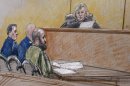In this courtroom sketch, U.S. Army Maj. Nidal Hasan, right, sits by his former defense attorneys Maj. Joseph Marcee, far left, and Lt. Col. Kris Poppe, center, with Judge, Col. Tara Osborn, behind the bench during a pretrial hearing, Tuesday, July 9, 2013, in Fort Hood, Texas. Jury selection is set to start Tuesday in the long-awaited murder trial of Hasan, the Army psychiatrist accused of opening fire with a semi-automatic gun at Fort Hood nearly four years ago. (AP Photo/Tony Gutierrez)