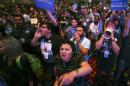 In a Saturday, May 14, 2016 photo, supporters of Democratic presidential candidate Bernie Sanders react as U.S. Sen. Barbara Boxer, D-Calif., speaks during the Nevada State Democratic Party’s 2016 State Convention at the Paris hotel-casino in Las Vegas. The Nevada Democratic Convention turned into an unruly and unpredictable event, after tension with organizers led to some Bernie Sanders supporters throwing chairs and to security clearing the room, organizers said. (Chase Stevens/Las Vegas Review-Journal via AP) LOCAL TELEVISION OUT; LOCAL INTERNET OUT; LAS VEGAS SUN OUT