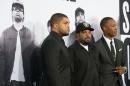 L-R: Rapper O'Shea Jackson, Jr., father Ice Cube and actor Corey Hawkins arrive for the Universal Pictures and Legendary Pictures premiere of "Straight Outta Compton" on August 10, 2015 in Los Angeles, California