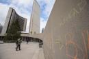 Grafitti adorns the Toronto City Hall on November 8, 2013