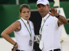 Granddaughter and sole heiress of the late shipping tycoon Aristotle Onassis, Athina Onassis, left, and her husband, Brazilian professional show jumper Alvaro "Doda" de Miranda, speak at the Athina Onassis International Horse Show 2012 in Rio de Janeiro, Brazil, Thursday, Oct. 4, 2012. The show which is considered the largest equestrian event in Latin America brings together the best riders in the world competing in jumping and dressage. (AP Photo/Silvia Izquierdo)