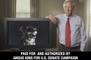 This still frame from a campaign video advertisement released by the Angus King for Senate campaign, shows King in Maine, with an image of Godzilla on a monitor. King, an independent and former governor, says his opponents are trying to portray him as a monster in the race for the November general election. (AP Photo/Angus King for Senate campaign)