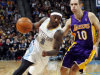 Denver Nuggets guard Ty Lawson (3) drives against Los Angeles Lakers guard Steve Nash in the fourth quarter of their NBA basketball game in Denver, Wednesday, Dec. 26, 2012. The Nuggets won 126-114. (AP Photo/David Zalubowski)
