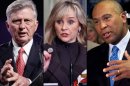 FILE - This combination of undated 2012 file photos shows, from left, Arkansas Gov. Mike Beebe; Oklahoma Gov. Mary Fallin and Massachusetts Gov. Deval Patrick. The three governors, who are trying to piece together their own state budgets, are anxiously watching the ongoing stalemate in Washington as Republicans and Democrats struggle to avert a potential plunge over the federal "fiscal cliff." (AP Photo/File)