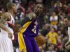 Los Angeles Lakers Bryant dribbles against the Portland Trail Blazers during their NBA game in Portland