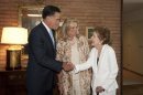 Former first lady Nancy Reagan shakes hands with Republican presidential nominee Mitt Romney as wife Ann Romney looks on at Reagan's residence in Los Angeles