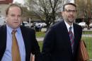 David Wildstein, right, arrives with his attorney Alan Zegas at federal court for a hearing Friday, May 1, 2015, in Newark, N.J. Wildstein, a former Port Authority appointee of New Jersey Gov. Chris Christie, is set to plead guilty on charges arising from a federal probe into traffic jams he ordered on the George Washington Bridge, allegedly on behalf of Christie. (AP Photo/Mel Evans)