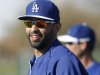 Los Angeles Dodgers outfielder Kemp looks on as he takes the practice field during MLB Cactus League spring training workouts at the team's facility in Glendale