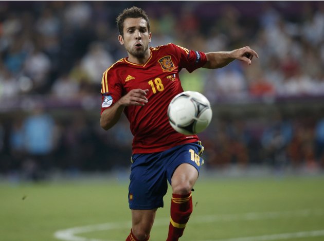 Spain's Alba looks at the ball during their Euro 2012 quarter-final soccer match against France at Donbass Arena in Donetsk