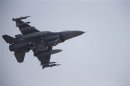 A F-16 fighter jet belonging to the U.S. Air Force comes in for a landing at a U.S. air force base in Osan