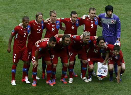 Czech Republic's national soccer players line-up for team photo before Euro 2012 soccer match against Greece in Wroclaw
