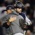 Detroit Tigers catcher Alex Avila hugs manager Jim Leyland after their 3-0 win over the New York Yankees in Game 2 of baseball's American League championship series, Sunday, Oct. 14, 2012, in New York. (AP Photo/The Record of Bergen County, Tyson Trish) ONLINE OUT; MAGS OUT; TV OUT; INTERNET OUT; NO ARCHIVING; MANDATORY CREDIT