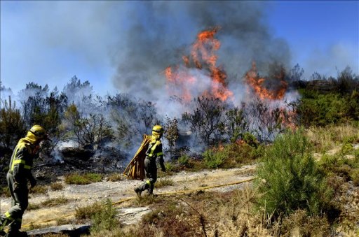 Brigadistas en las labores de extinción en el incendio forestal cercano a Portamieiro (Vilamarín), en Ourense. EFE