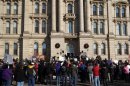 Protesters gathered in front of the of the Jefferson County Courthouse in Steubenville