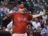 Los Angeles Angels manager Mike Scioscia questions the umpires on a Houston Astros pitching change in the seventh inning of a baseball game Thursday, May 9, 2013, in Houston. (AP Photo/Pat Sullivan)
