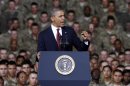 President Barack Obama speaks to troops, service-members and military families at the 1st Aviation Support Battalion Hangar at Fort Bliss, Friday, Aug. 31, 2012, in El Paso, Texas. (AP Photo/Tony Gutierrez)