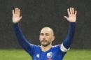 Montreal Impact's Marco Di Vaio celebrates after scoring against D.C. United during an MLS soccer game in Montreal, Saturday, Oct. 25, 2014. (AP Photo/The Canadian Press, Graham Hughes)
