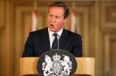 Britain's Prime Minister David Cameron speaks at a news conference in Downing Street, central London