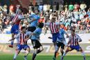 Paraguay's Nelson Haedo, top left, and Uruguay's Christian Stuani, top right, go for a header during a Copa America Group B soccer match at La Portada stadium in LaSerena, Chile, Saturday, June 20, 2015. (AP Photo / Luis Hidalgo)