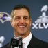 Baltimore Ravens head coach Harbaugh speaks during a news conference after the team's arrival for the NFL's Super Bowl XLVII in New Orleans