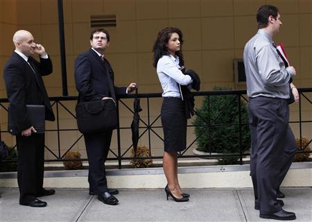 People wait in line to enter a job fair in New York August 15, 2011. REUTERS/Shannon Stapleton