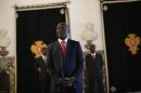 Guinea-Bissau's President Jose Mario Vaz speaks with journalists after a meeting with his Portuguese counterpart Anibal Cavaco Silva at Belem presidential palace in Lisbon