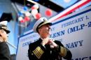 Admiral Jonathan Greenert, Chief of Naval Operations, speaks with reporters during the christening ceremony for the USNS John Glenn at the General Dynamics NASSCO Shipyard in San Diego