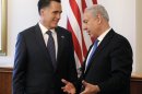 FILE - In this July 29, 2012 file photo, Republican presidential candidate, former Massachusetts Gov. Mitt Romney meets with Israel's Prime Minister Benjamin Netanyahu, in Jerusalem. Romney is set to speak by telephone with Netanyahu on Friday. The Republican presidential nominee's campaign confirms the scheduled conversation. It would come the same day that President Barack Obama also is expected to speak with Netanyahu phone. (AP Photo/Charles Dharapak, File)