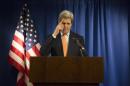 U.S. Secretary of State John Kerry reacts during a media briefing at the U.S. Embassy in London