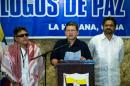 Commanders of the FARC-EP leftist guerrillas Jesus Santrich (L), Ivan Marquez (R) and Pablo Catatumbo (C) read a statement at Convention Palace in Havana during the peace talks with the Colombian government, on December 8, 2013