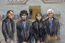 In this courtroom sketch, Dzhokhar Tsarnaev, second from left, is depicted standing with his defense attorneys as the jury presents its verdict in his federal death penalty trial Wednesday, April 8, 2015, in Boston. Tsarnaev was convicted on multiple charges in the 2013 Boston Marathon bombing. Three people were killed and more than 260 were injured when twin pressure-cooker bombs exploded near the finish line. (AP Photo/Jane Flavell Collins)