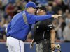 Blue Jays manager John Farrell argues a call with home plate umpire Marvin Hudson during their MLB American League baseball game in Toronto