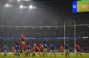 England's flanker Chris Robshaw wins the ball in the line-out during the Autumn International rugby union Test match between England and Samoa at Twickenham Stadium, southwest of London on November 22, 2014