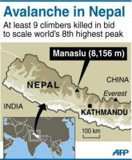 Map locating the Manaslu peak in Nepal, where nine climbers were reported to have been killed in a landslide